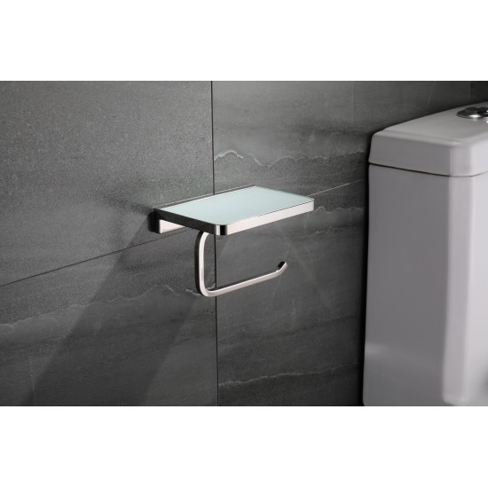 Bagno Bianca Stainless Steel White Glass Shelf w/ Toilet Paper Holder - Chrome