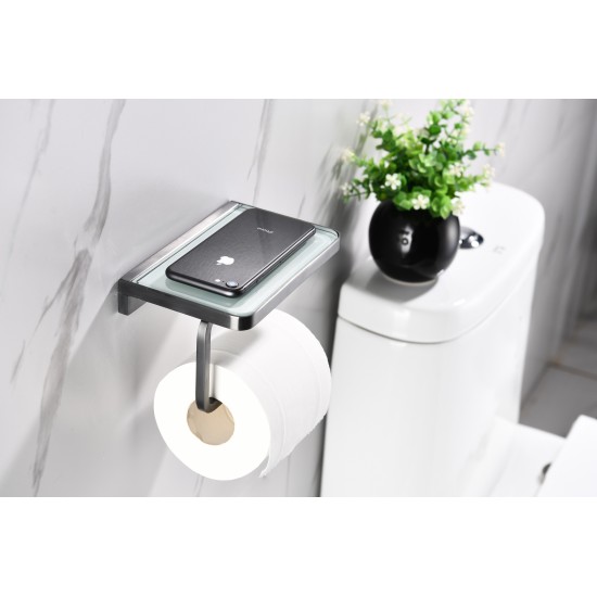 Bagno Bianca Stainless Steel White Glass Shelf w/ Toilet Paper Holder - Gun Metal