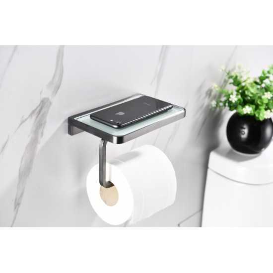 Bagno Bianca Stainless Steel White Glass Shelf w/ Toilet Paper Holder - Gun Metal