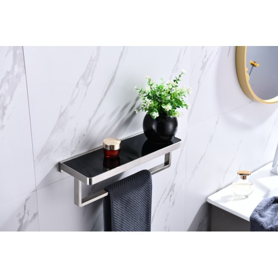 Bagno Bianca Stainless Steel Black Glass Shelf w/ Towel Bar - Brushed Nickel