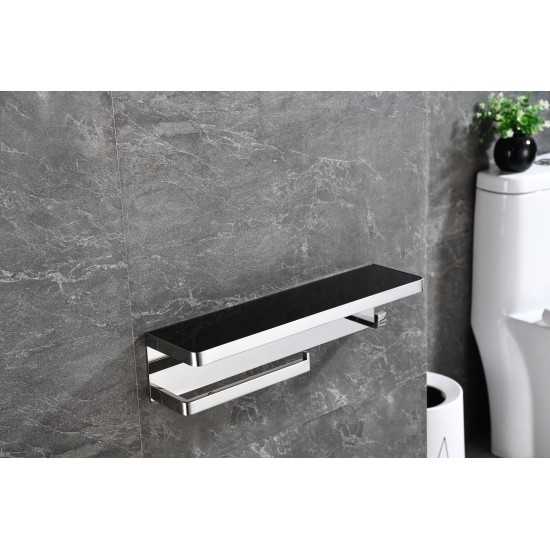 Bagno Bianca Stainless Steel Black Glass Shelf w/ Towel Bar & Robe Hook - Chrome