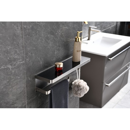 Bagno Bianca Stainless Steel Black Glass Shelf w/ Towel Bar & Robe Hook - Brushed Nickel