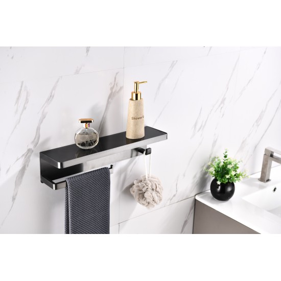 Bagno Bianca Stainless Steel Black Glass Shelf w/ Towel Bar & Robe Hook - Gun Metal