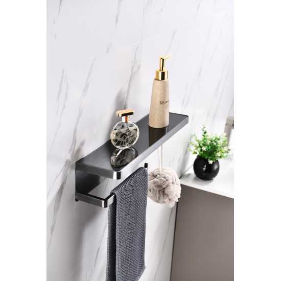 Bagno Bianca Stainless Steel Black Glass Shelf w/ Towel Bar & Robe Hook - Gun Metal