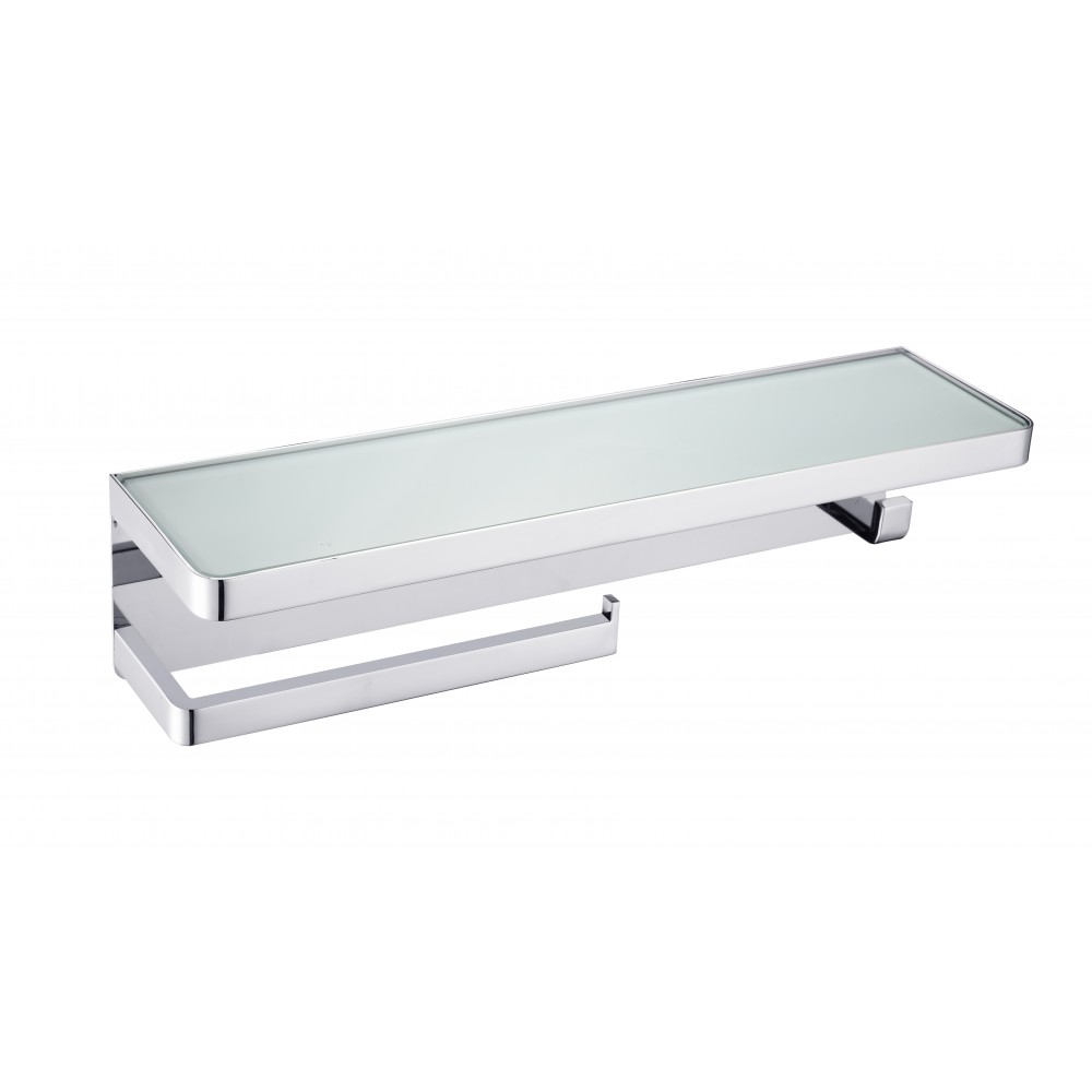 Bagno Bianca Stainless Steel White Glass Shelf w/ Towel Bar & Robe Hook - Chrome