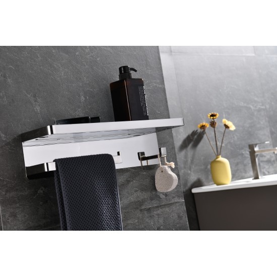 Bagno Bianca Stainless Steel White Glass Shelf w/ Towel Bar & Robe Hook - Chrome