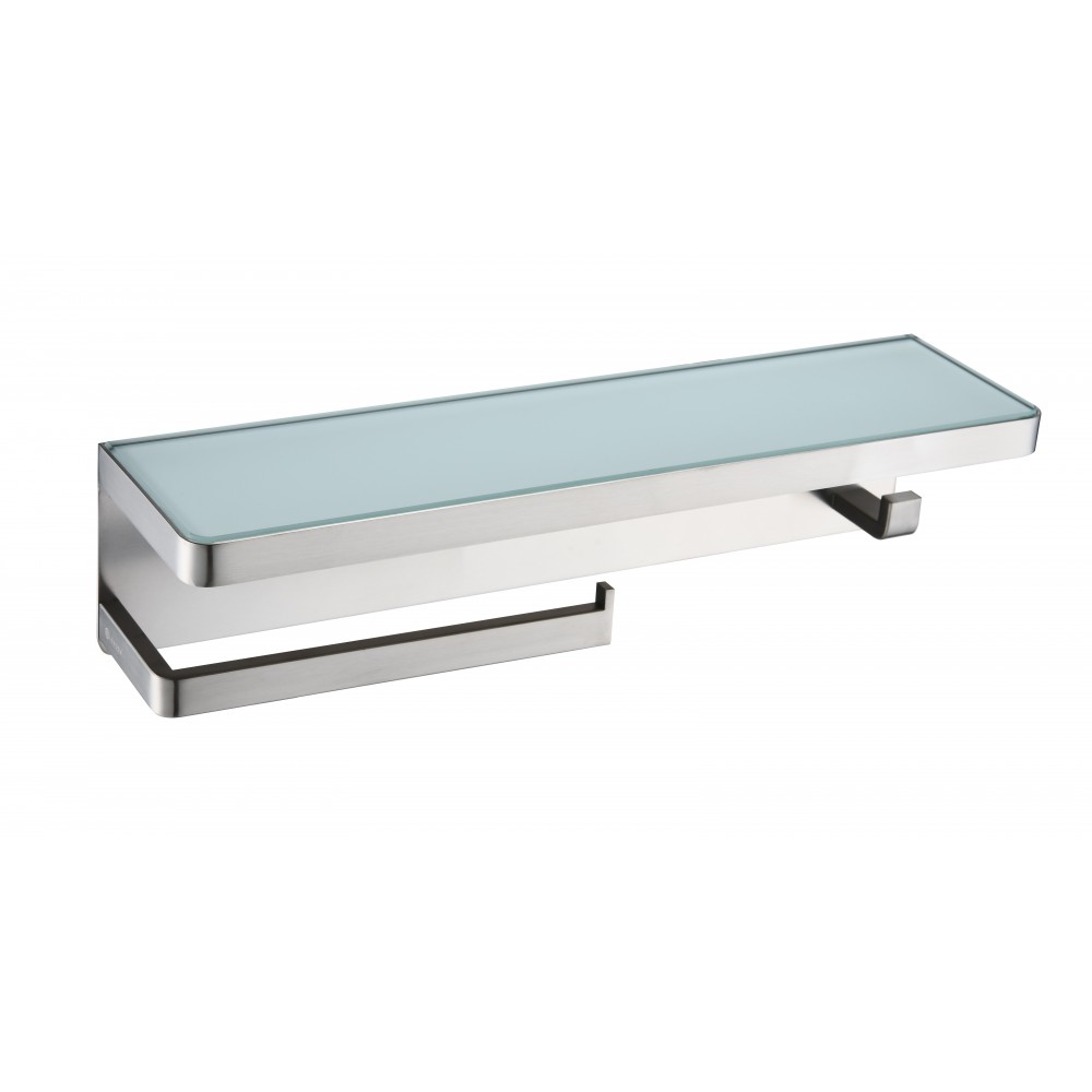 Bagno Bianca Stainless Steel White Glass Shelf w/ Towel Bar & Robe Hook - Brushed Nickel Bagno Bianca Stainless Steel White Glass Shelf w/ Towel Bar & Robe Hook - Brushed Nickel