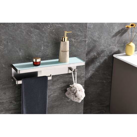 Bagno Bianca Stainless Steel White Glass Shelf w/ Towel Bar & Robe Hook - Brushed Nickel