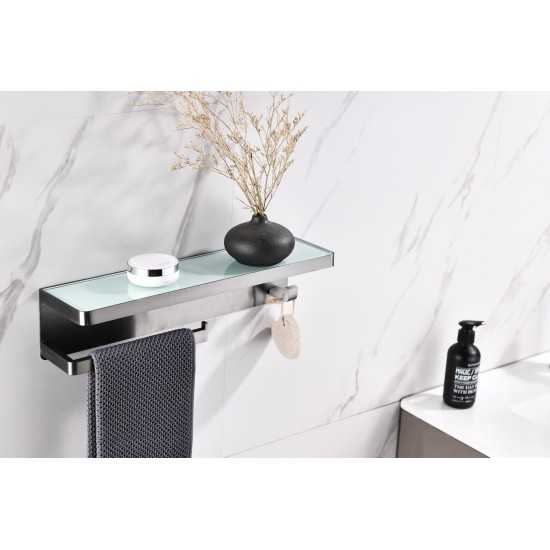 Bagno Bianca Stainless Steel White Glass Shelf w/ Towel Bar & Robe Hook - Gun Metal