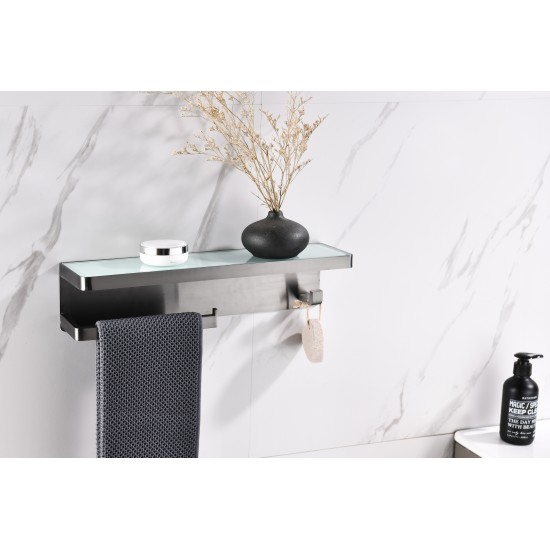 Bagno Bianca Stainless Steel White Glass Shelf w/ Towel Bar & Robe Hook - Gun Metal