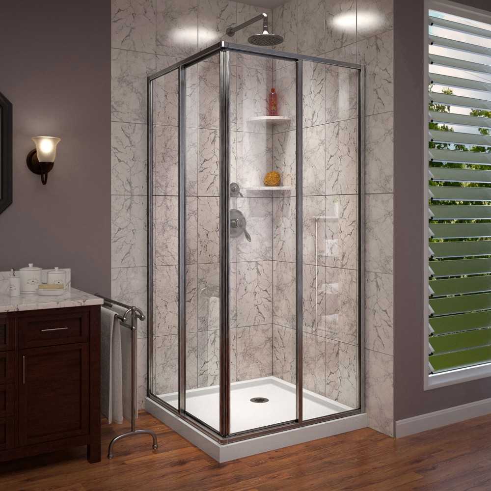 DreamLine Cornerview 42x42x74 3/4 Framed Sliding Shower Enclosure in Brushed Nickel with White Acrylic Base