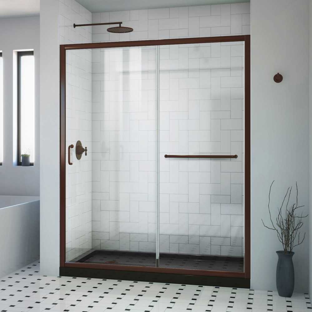 DreamLine Infinity-Z 30x60x74 3/4 Clear Sliding Shower Door in Oil Rubbed Bronze, Left Drain Black Base