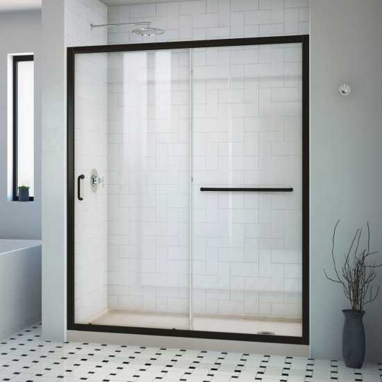 DreamLine Infinity-Z 30x60x74 3/4 Clear Sliding Shower Door in Satin Black, Right Drain Biscuit Base