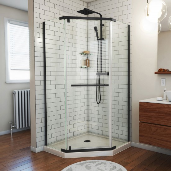 DreamLine Prism 36 in.x74 3/4 in. Frameless Neo-Angle Pivot Shower Enclosure in Satin Black with Biscuit Base