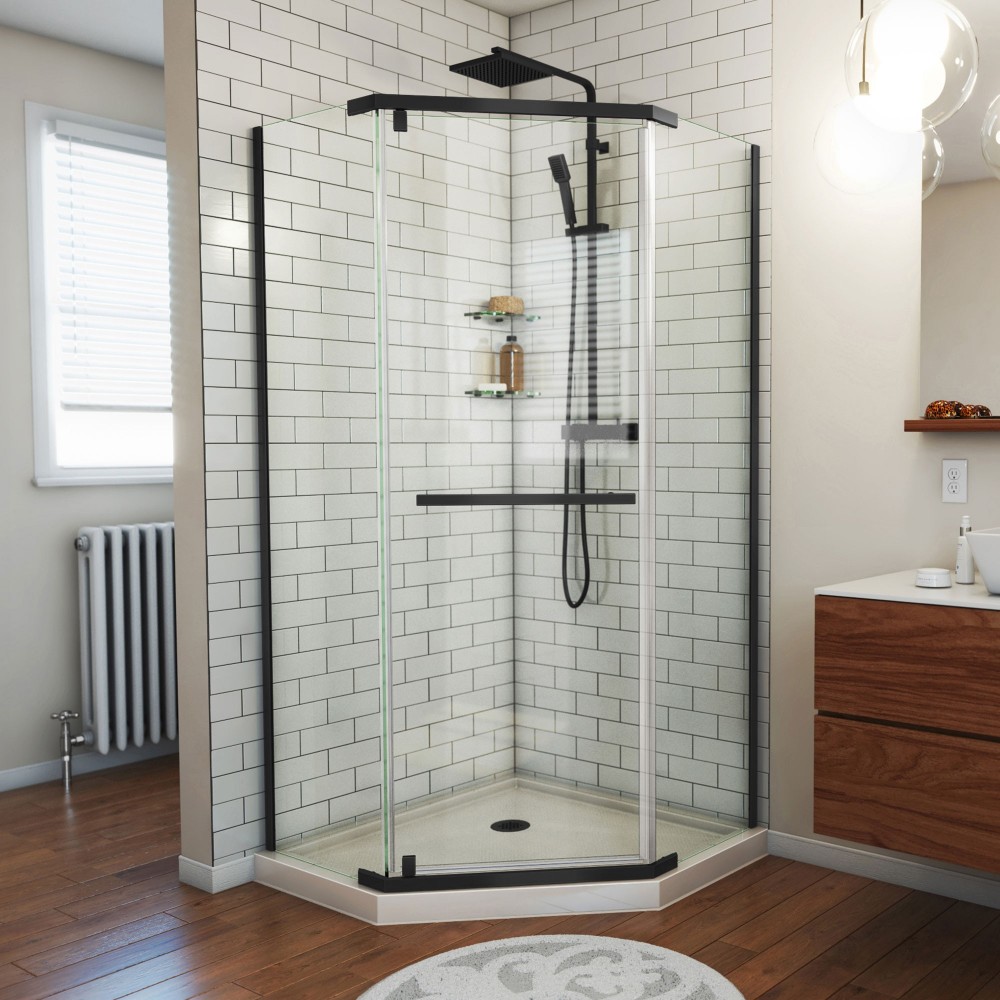 DreamLine Prism 40 in.x74 3/4 in. Frameless Neo-Angle Pivot Shower Enclosure in Satin Black with Biscuit Base