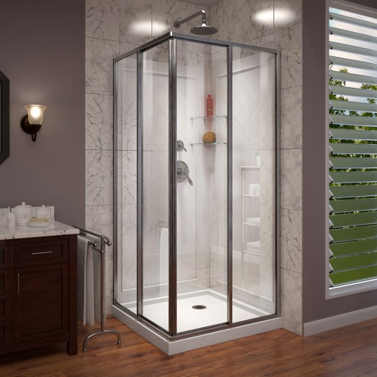 DreamLine Cornerview 36x36x76 3/4 Framed Sliding Shower Enclosure in Brushed Nickel with White Acrylic Kit