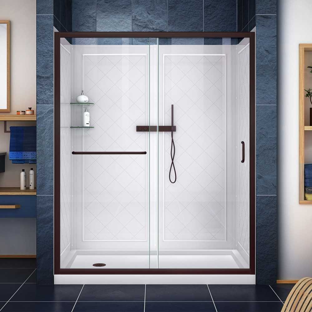 DreamLine Infinity-Z 36x60x76 3/4 Clear Sliding Shower Door in Oil Rubbed Bronze, Left Drain and Backwalls