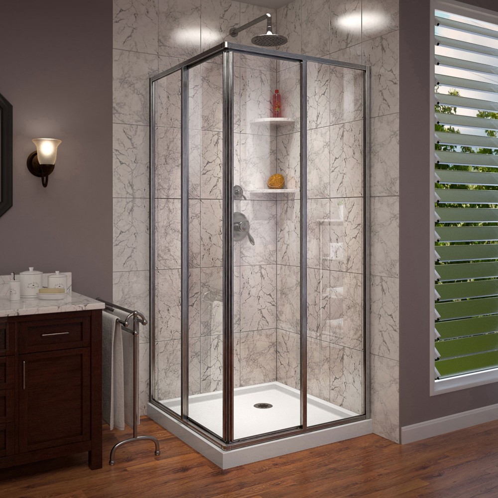 DreamLine Cornerview 36x36x74 3/4 Framed Sliding Shower Enclosure in Brushed Nickel with White Acrylic Base