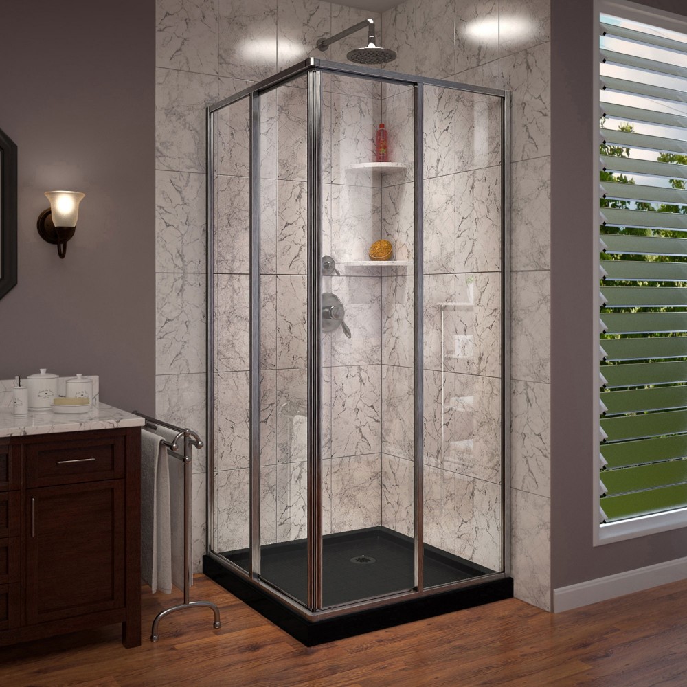 DreamLine Cornerview 36x36x74 3/4 Framed Sliding Shower Enclosure in Brushed Nickel with Black Acrylic Base