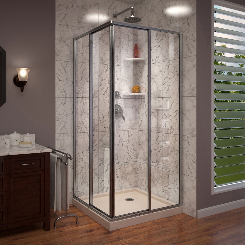 DreamLine Cornerview 36x36x74 3/4 Framed Sliding Shower Enclosure in Brushed Nickel with Biscuit Shower Base