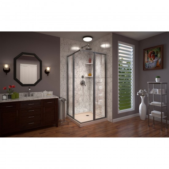 DreamLine Cornerview 36x36x74 3/4 Framed Sliding Shower Enclosure in Brushed Nickel with Biscuit Shower Base