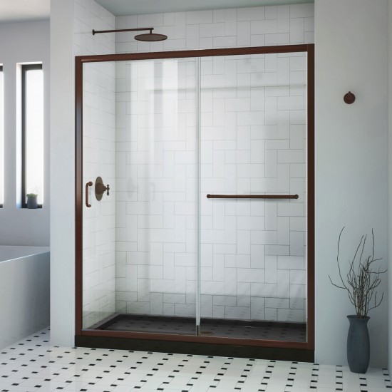 DreamLine Infinity-Z 36x60x74 3/4 Clear Sliding Shower Door in Oil Rubbed Bronze, Center Drain Black Base