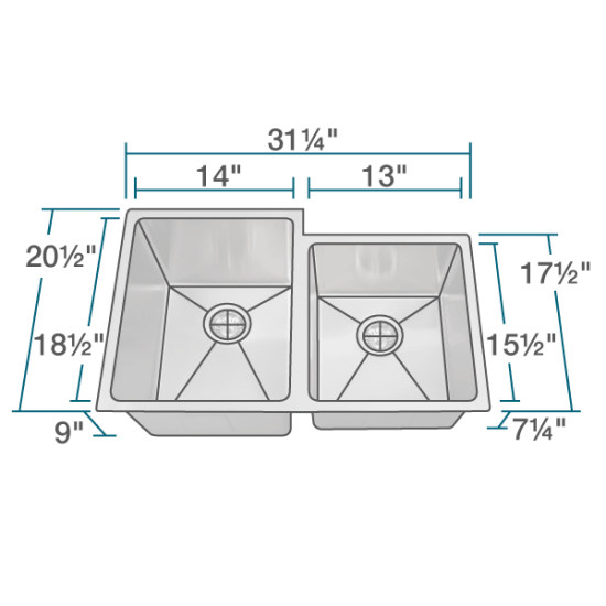 3120L-14 Undermount Offset 3/4" Radius Sink