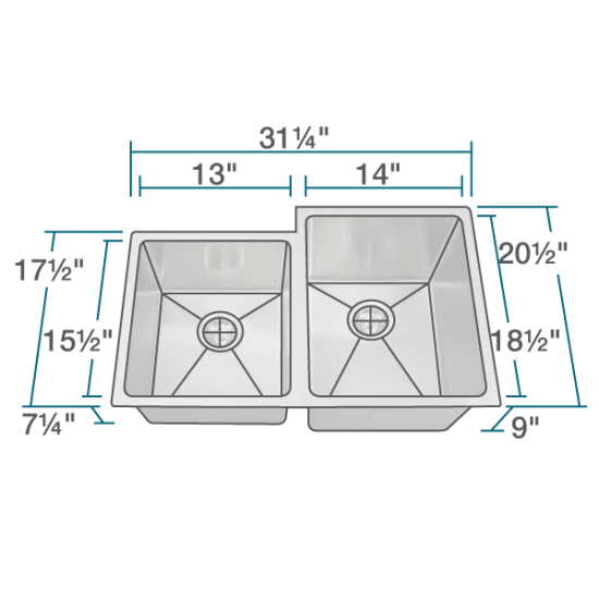 3120R-14 Offset Double Bowl 3/4" Radius Stainless Steel Sink