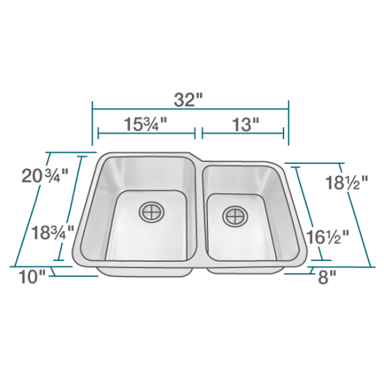 513L Offset Double Bowl Stainless Steel Sink, Left