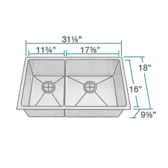 3160R Double Bowl 3/4" Stainless Steel Sink