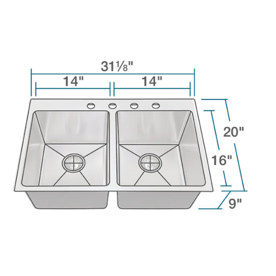 T3120D Topmount 3/4" Radius Stainless Steel Sink