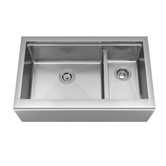 407L-Ledge Offset Double Bowl Stainless Steel Apron Workstation Sink, Left