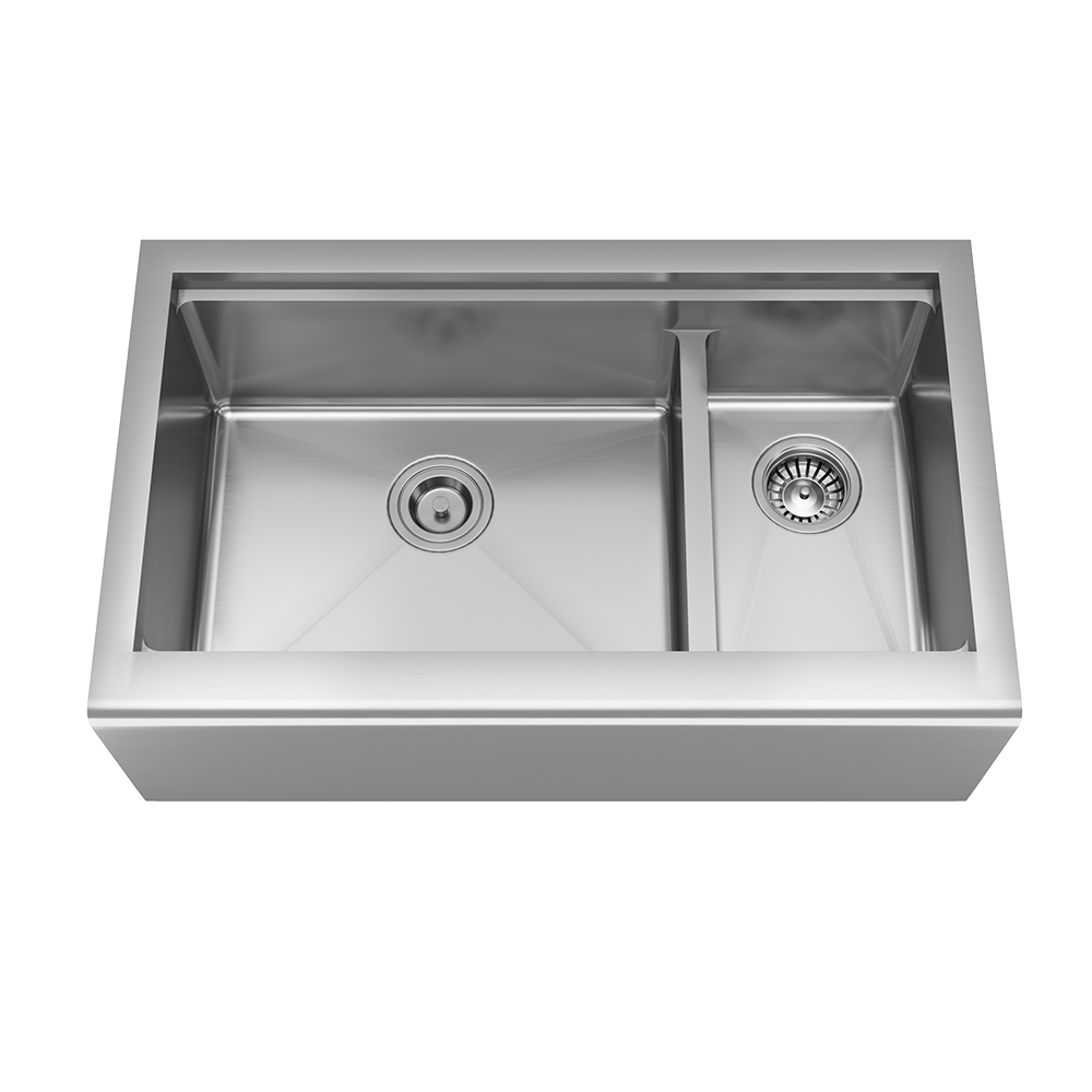 407L-Ledge Offset Double Bowl Stainless Steel Apron Workstation Sink, Left