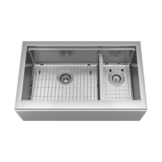 407L-Ledge Offset Double Bowl Stainless Steel Apron Workstation Sink, Left