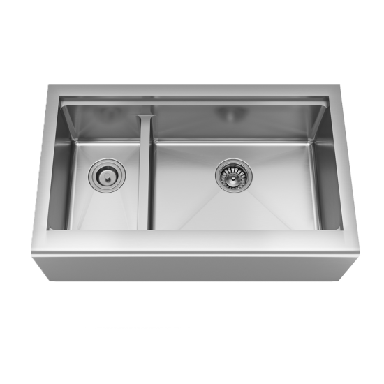 407R-Ledge Offset Double Bowl Stainless Steel Apron Workstation Sink, Right