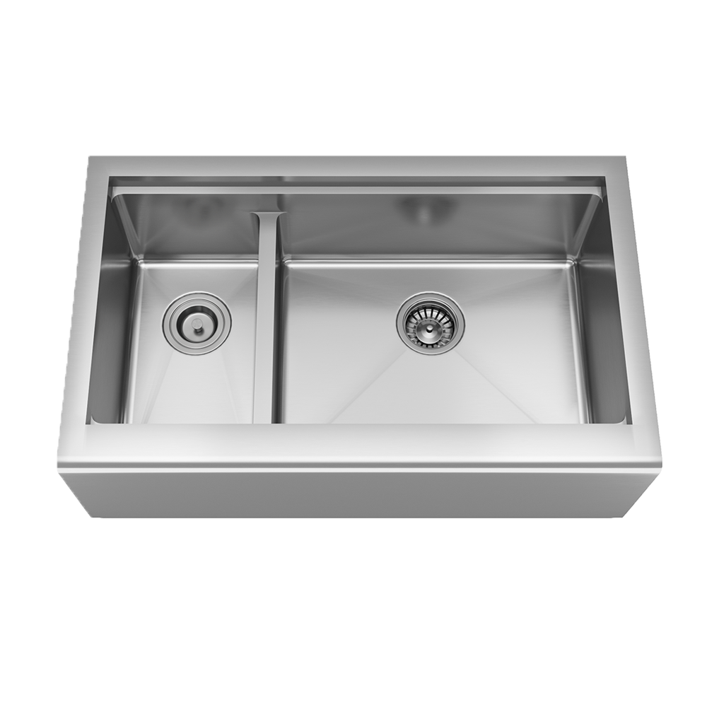 407R-Ledge Offset Double Bowl Stainless Steel Apron Workstation Sink, Right