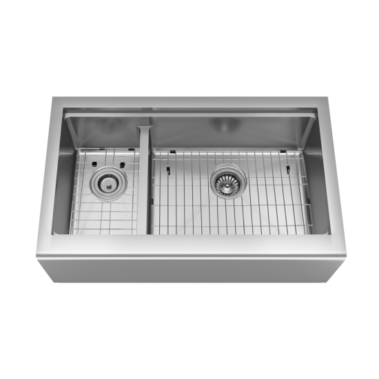 407R-Ledge Offset Double Bowl Stainless Steel Apron Workstation Sink, Right