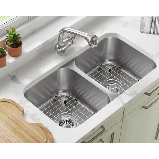 3218A-SLW Double Bowl Undermount Stainless Steel Sink with White SinkLink