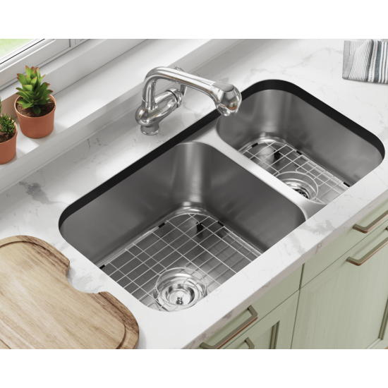 3218BL-SLBL Offset Double Bowl Undermount Stainless Steel Sink with Black SinkLink