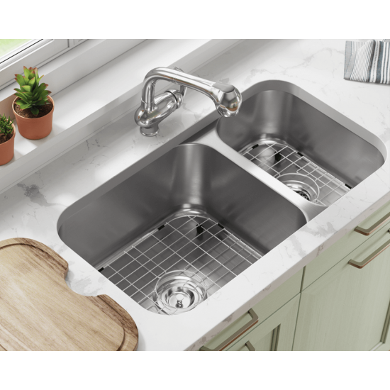 3218BL-16-SLW Offset Double Bowl Undermount Stainless Steel Sink with White SinkLink