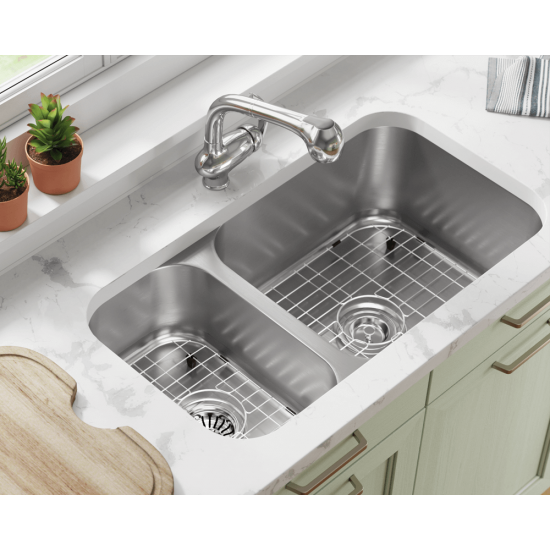 3218BR-SLW Offset Double Bowl Undermount Stainless Steel Sink with White SinkLink