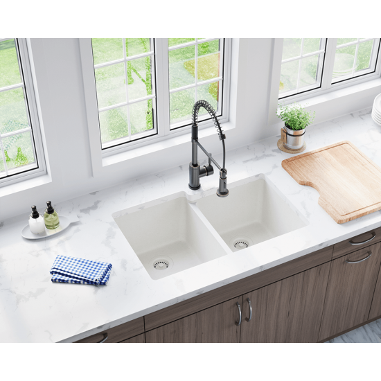 801-White Double Offset Bowl Quartz Granite Sink