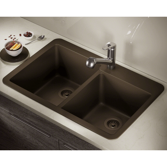 T801-Mocha Double Offset Bowl Topmount Quartz Granite Sink