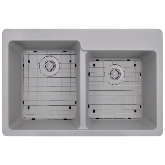 T801-Silver Double Offset Bowl Topmount Quartz Granite Sink