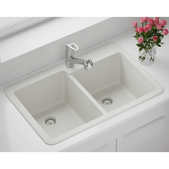 T801-White Double Offset Bowl Topmount Quartz Granite Sink