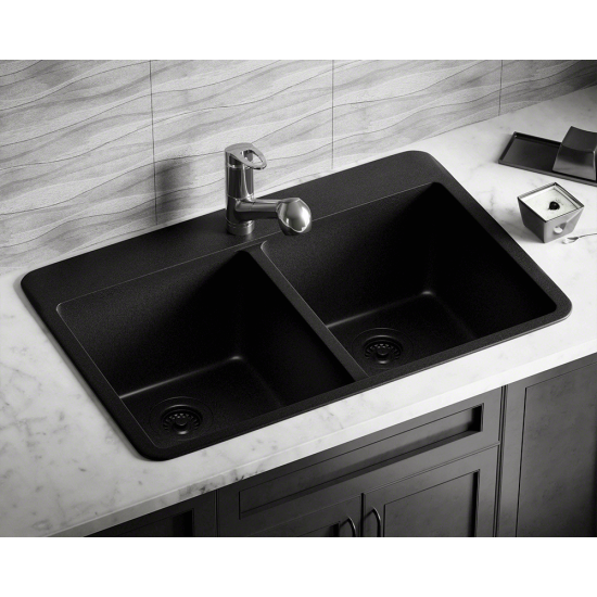 T802-Black Double Equal Bowl Topmount Quartz Granite Sink