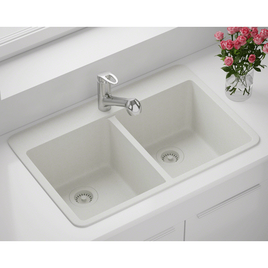 T802-White Double Equal Bowl Topmount Quartz Granite Sink