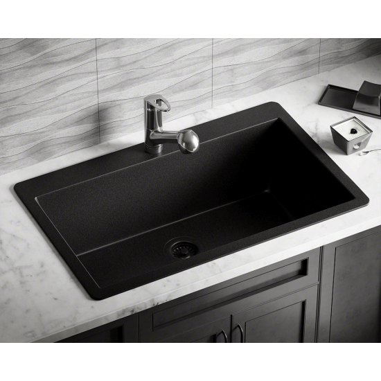 T848-Black Large Single Bowl Topmount Quartz Granite Sink