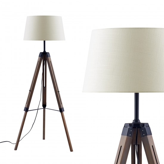 Amlight Wood Tripod Floor Lamp with Wood wash Grey Finish with Linen Beige White Shade - White