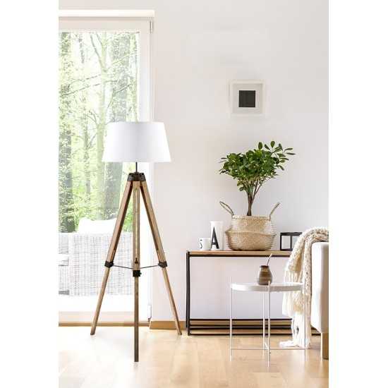 Amlight Wood Tripod Floor Lamp with Wood wash Grey Finish with Linen Beige White Shade - White